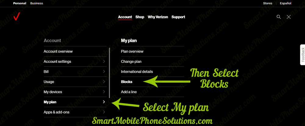 Blocking Smartphone Message Spam - Step 2 - Select Account and My Plan Blocks