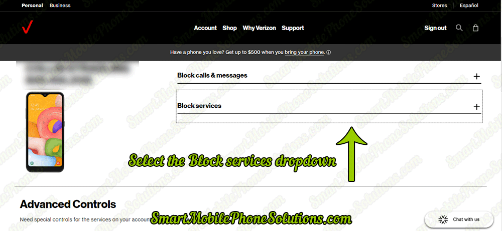 Blocking Smartphone Message Spam - Step 5 - Select the Block Services drop down